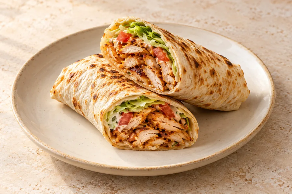 Temsili tavuk döner dürüm sunumu
